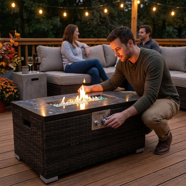 Propane Fire Pit Table Built for Outdoor Gatherings, 32 Inch, 40,000 BTU, Auto-Ignition, Rattan Wicker Base