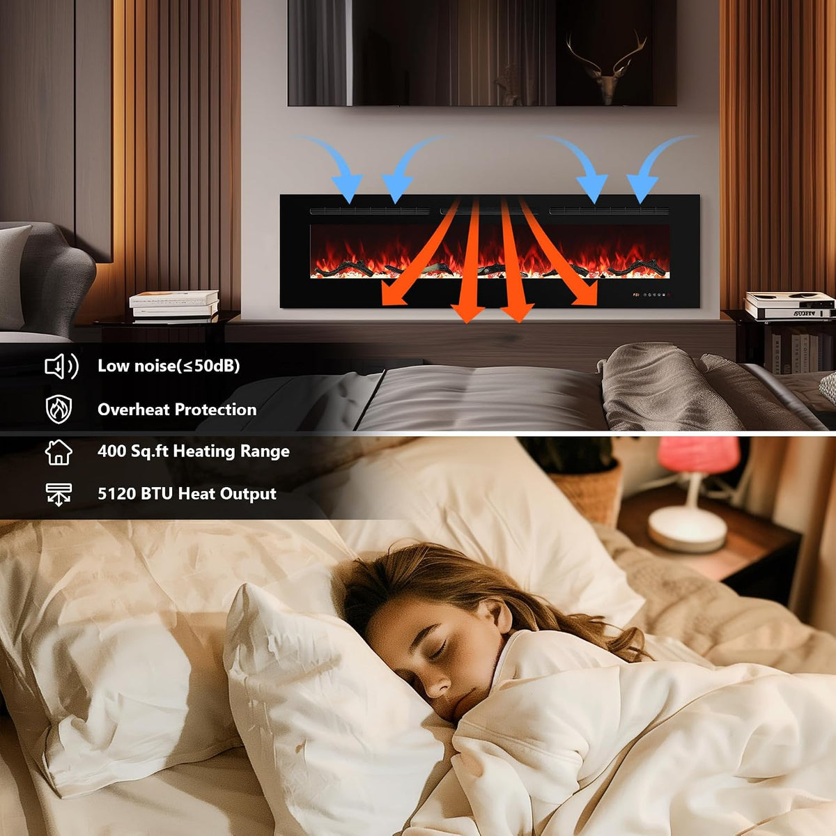 42In Black Recessed & Wall Mount Electric Fireplace with Remote | Fireplace Inserts Heaters with Touch Screen for Living Room Bedroom, Overheating Protection, Timer & Thermostat, 1500W