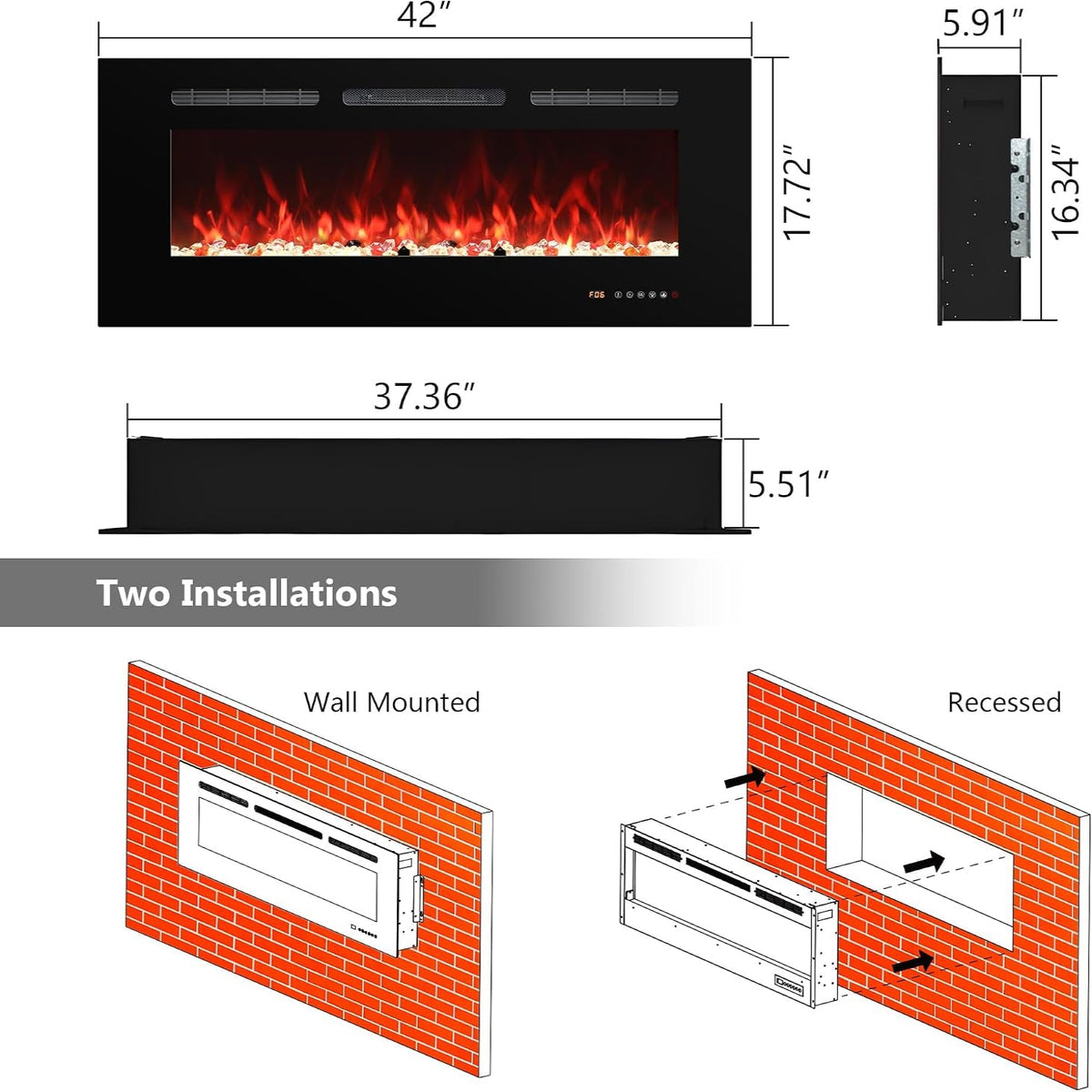 42In Black Recessed & Wall Mount Electric Fireplace with Remote | Fireplace Inserts Heaters with Touch Screen for Living Room Bedroom, Overheating Protection, Timer & Thermostat, 1500W