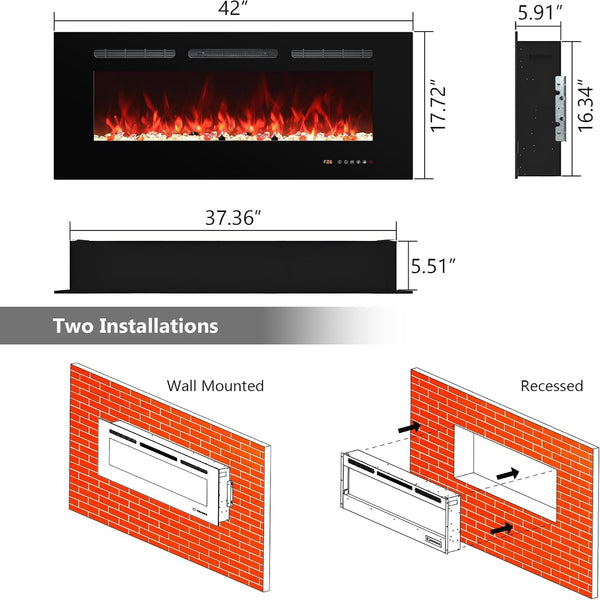 42In Black Recessed & Wall Mount Electric Fireplace with Remote | Fireplace Inserts Heaters with Touch Screen for Living Room Bedroom, Overheating Protection, Timer & Thermostat, 1500W