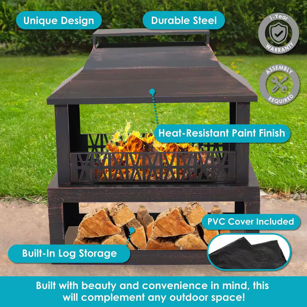 Backyard Blaze Steel Outdoor Fireplace Fire Pit with Built-In Log Storage