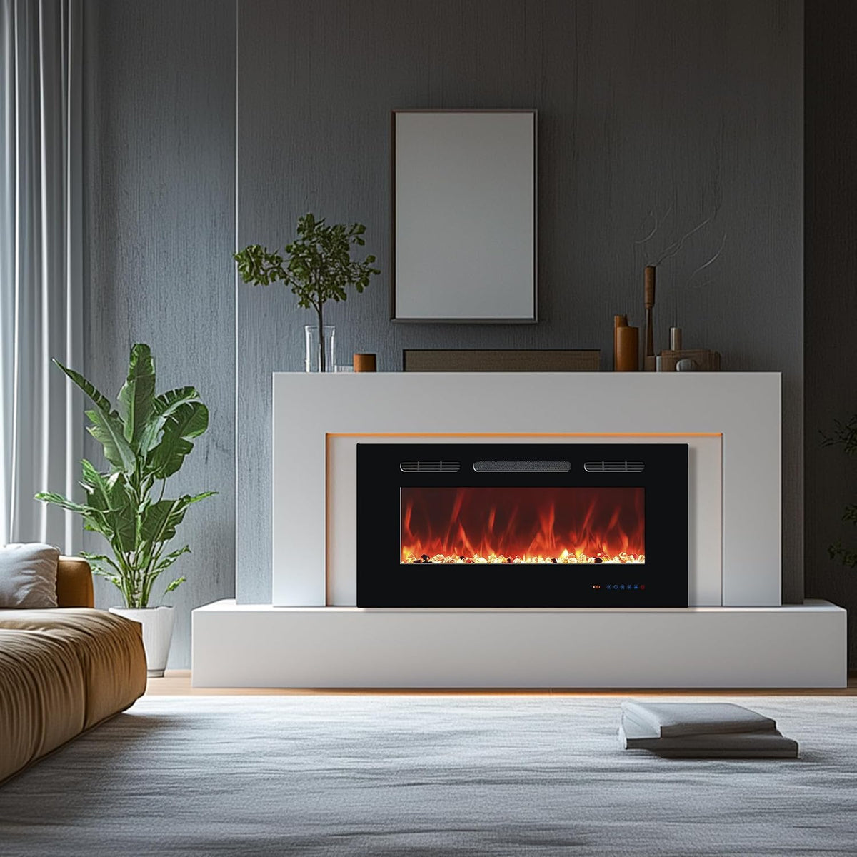 42In Black Recessed & Wall Mount Electric Fireplace with Remote | Fireplace Inserts Heaters with Touch Screen for Living Room Bedroom, Overheating Protection, Timer & Thermostat, 1500W