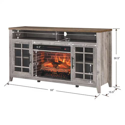 55 In. Freestanding Electric Fireplace TV Stand with Electric Fireplace Insert in Gray Wash
