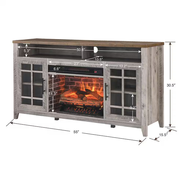 55 In. Freestanding Electric Fireplace TV Stand with Electric Fireplace Insert in Gray Wash