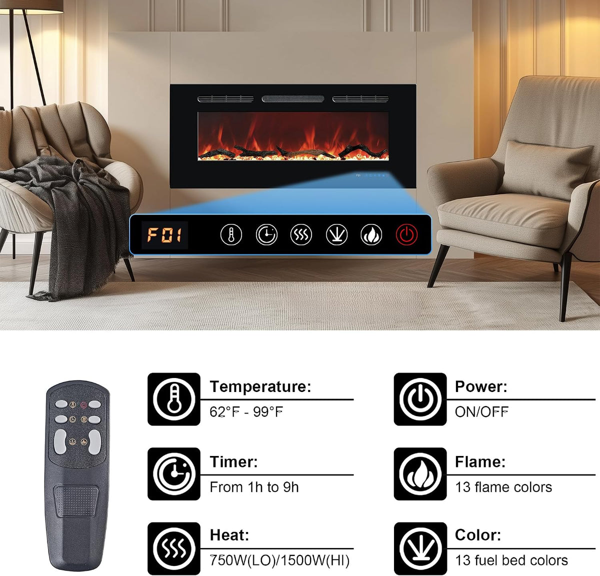 42In Black Recessed & Wall Mount Electric Fireplace with Remote | Fireplace Inserts Heaters with Touch Screen for Living Room Bedroom, Overheating Protection, Timer & Thermostat, 1500W