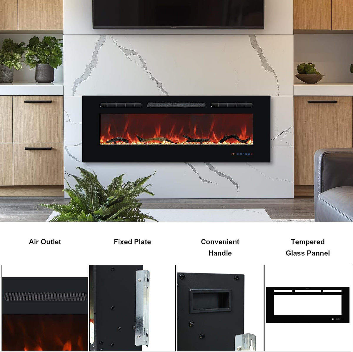 42In Black Recessed & Wall Mount Electric Fireplace with Remote | Fireplace Inserts Heaters with Touch Screen for Living Room Bedroom, Overheating Protection, Timer & Thermostat, 1500W