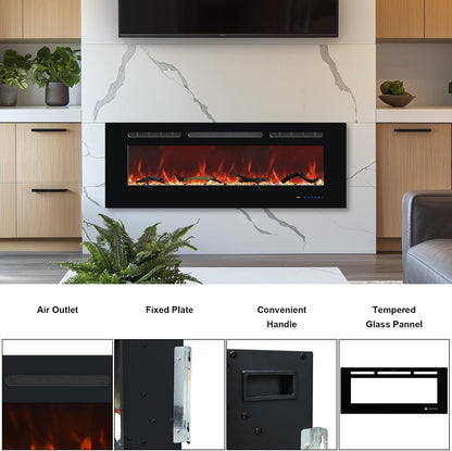 42In Black Recessed & Wall Mount Electric Fireplace with Remote | Fireplace Inserts Heaters with Touch Screen for Living Room Bedroom, Overheating Protection, Timer & Thermostat, 1500W