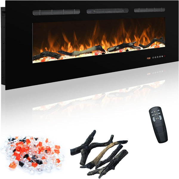 42In Black Recessed & Wall Mount Electric Fireplace with Remote | Fireplace Inserts Heaters with Touch Screen for Living Room Bedroom, Overheating Protection, Timer & Thermostat, 1500W