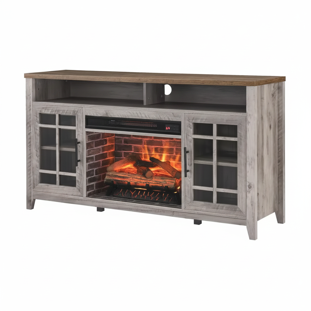 55 In. Freestanding Electric Fireplace TV Stand with Electric Fireplace Insert in Gray Wash